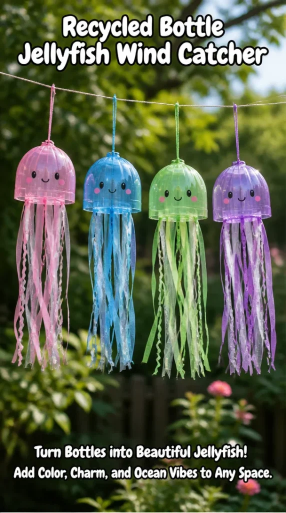 Recycled bottle jellyfish wind catcher hanging in the garden