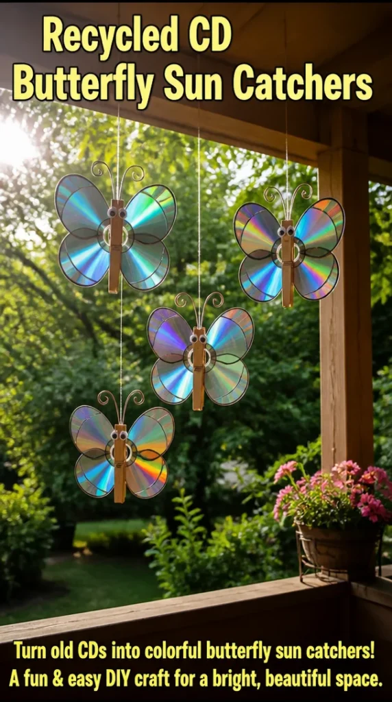 Colorful butterfly sun catchers made from recycled CDs, perfect for home decor.