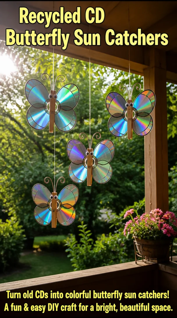 Colorful butterfly sun catchers made from recycled CDs, perfect for home decor.