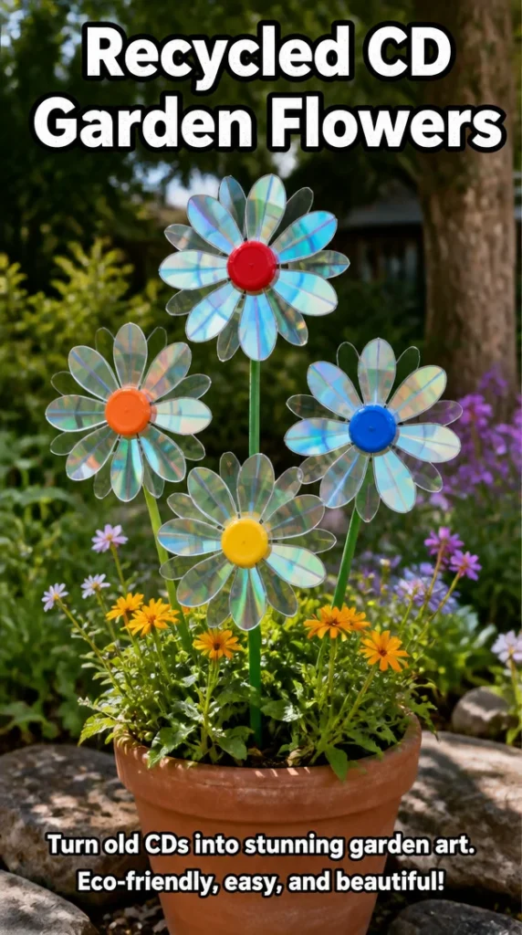 Colorful recycled CD flowers in a garden setting showcasing eco-friendly decor.