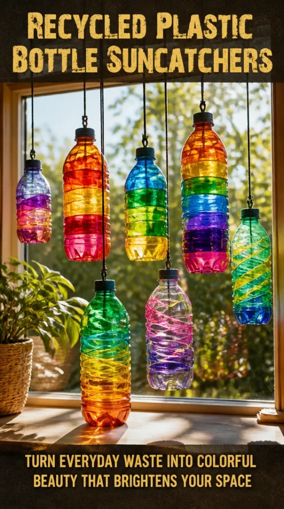 Colorful recycled plastic bottle suncatchers hanging in sunlight