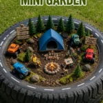 Colorful recycled tire garden featuring a camping theme with mini plants and decorations.