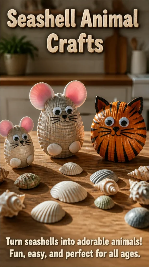 Colorful seashell animal crafts display showcasing creative DIY projects.