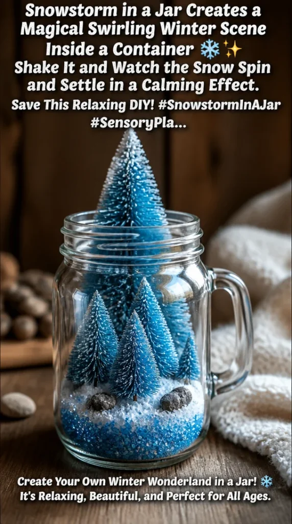 DIY snowstorm in a jar showcasing a swirling winter scene inside a glass container.