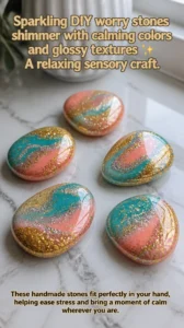 Sparkling DIY worry stones shimmer with calming colors and glossy…