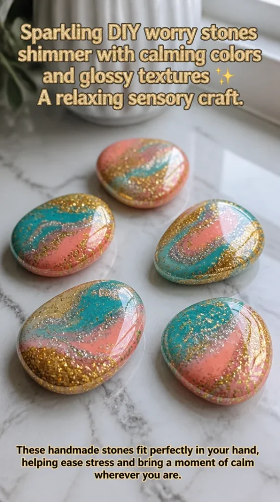Colorful DIY worry stones in various shapes and glossy textures for relaxation.