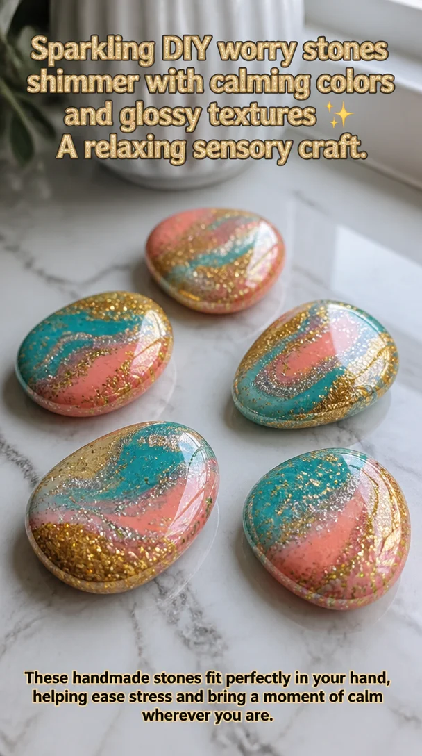 Sparkling DIY worry stones shimmer with calming colors and glossy textures ✨ A relaxing sensory craft.