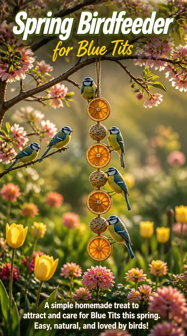 Spring birdfeeder designed to attract Blue Tits