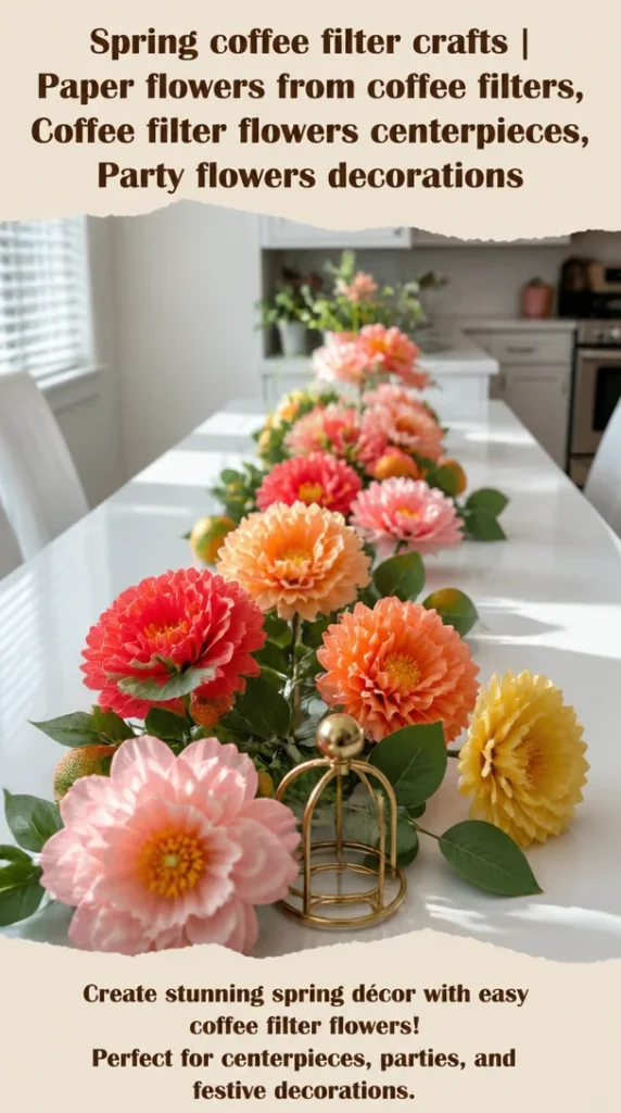 Colorful paper flower centerpieces made from coffee filters for spring decoration