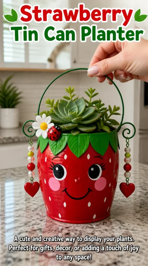 Strawberry tin can planter with vibrant strawberries growing