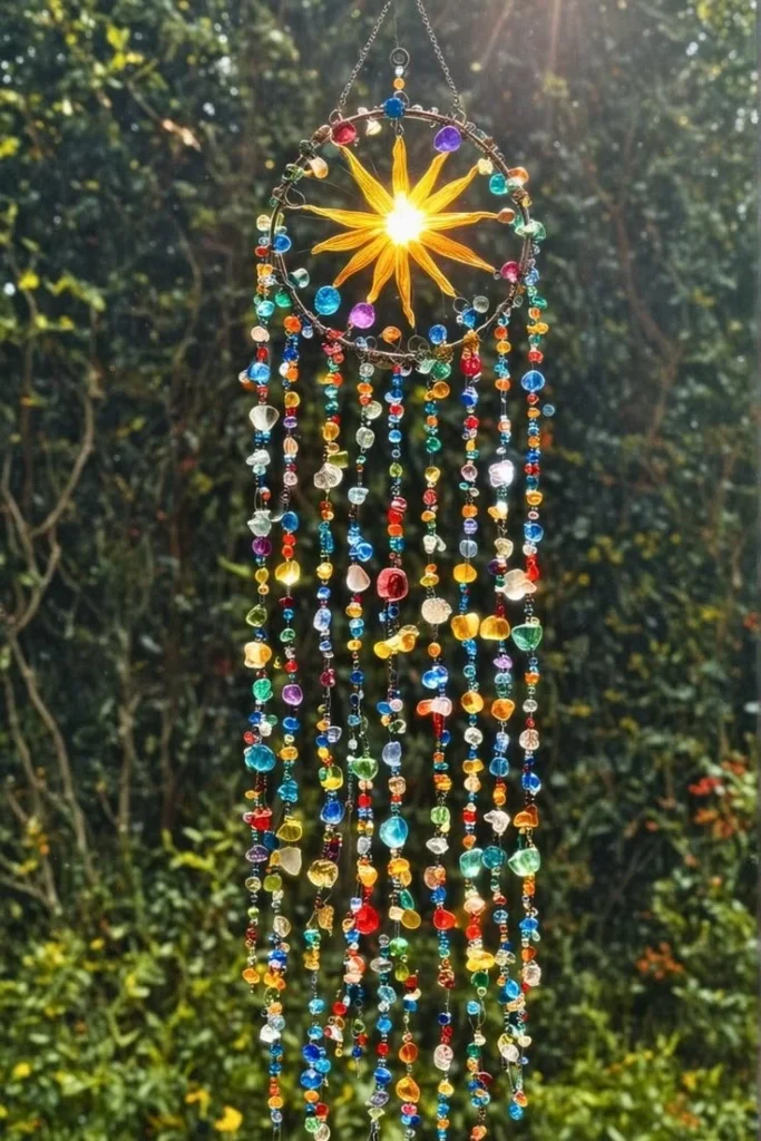 DIY sun catcher with colorful glass pieces creating beautiful light reflections