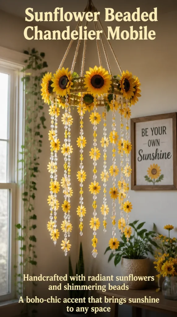 Sunflower beaded chandelier mobile hanging elegantly in a cozy living room.
