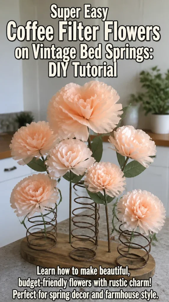 DIY coffee filter flowers displayed on vintage bed springs