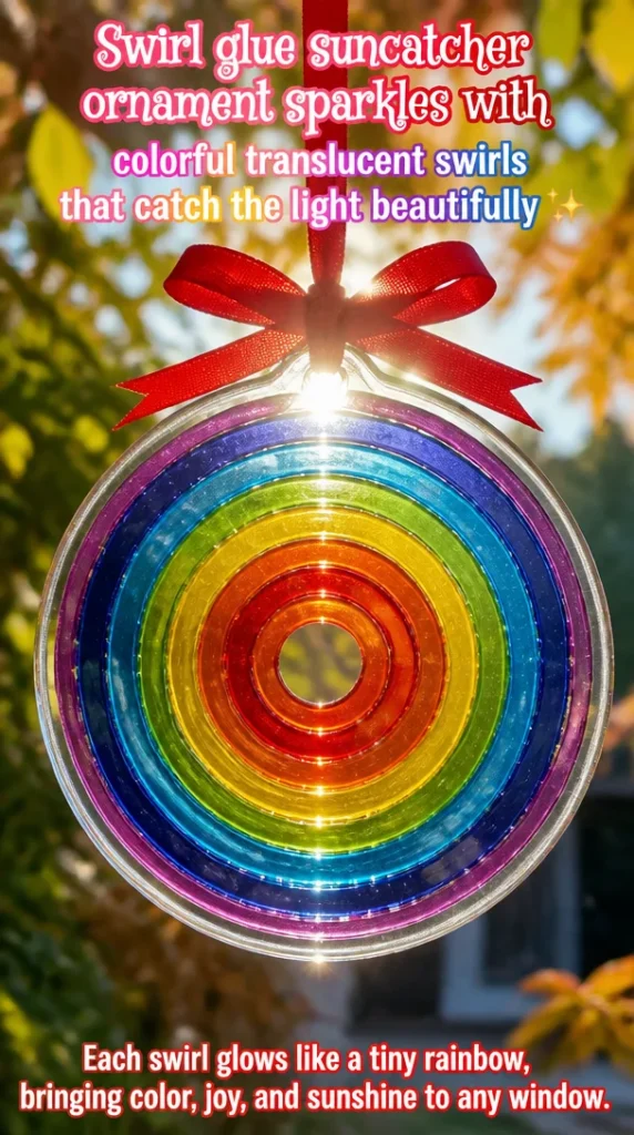 Swirl glue suncatcher ornament with colorful translucent swirls catching light