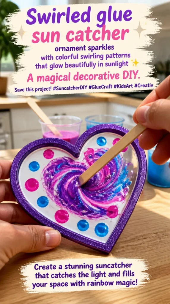 Colorful swirled glue suncatcher ornament that sparkles in sunlight