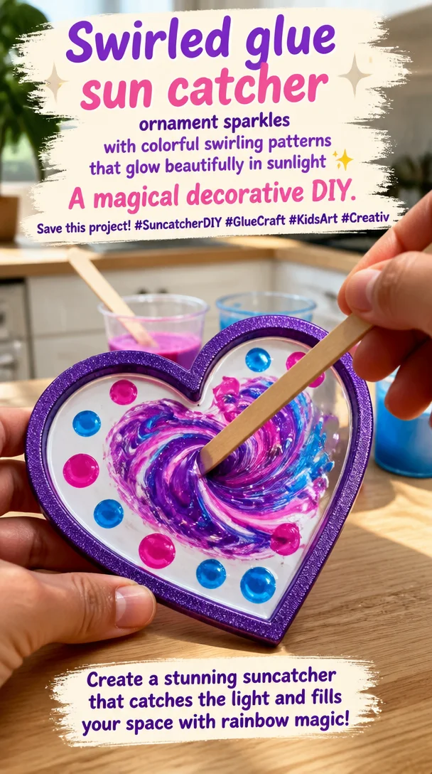 Colorful swirled glue suncatcher ornament that sparkles in sunlight