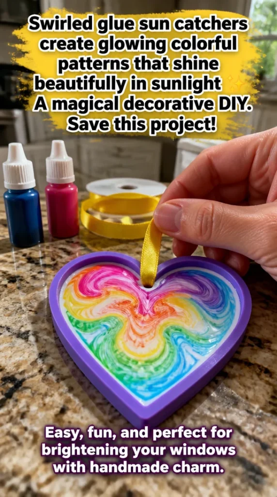 Colorful swirled glue sun catchers shining in sunlight, a beautiful DIY decoration.