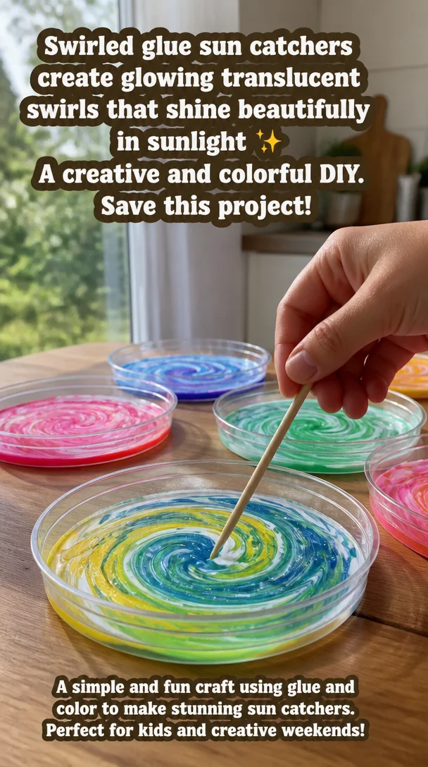 Colorful swirled glue sun catchers glowing in sunlight.