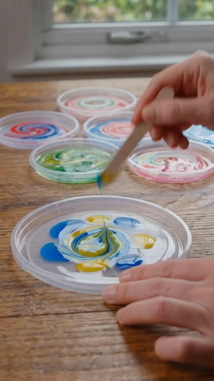 Swirled glue sun catchers create glowing translucent swirls that shine beautifully in sunlight ✨ A creative and colorful DIY. Save this project!