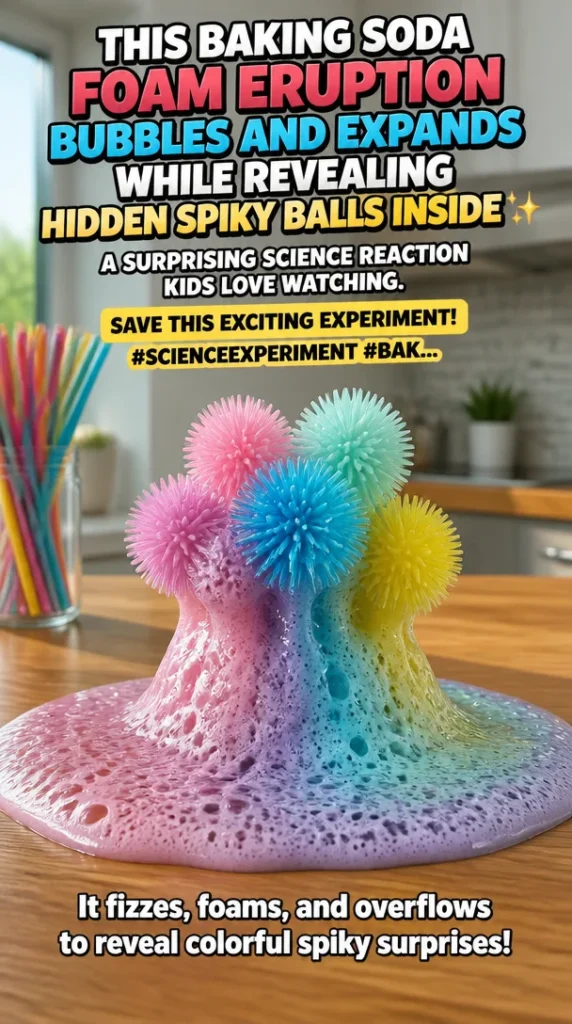 Baking soda experiment eruption revealing hidden spiky balls in foam reaction.