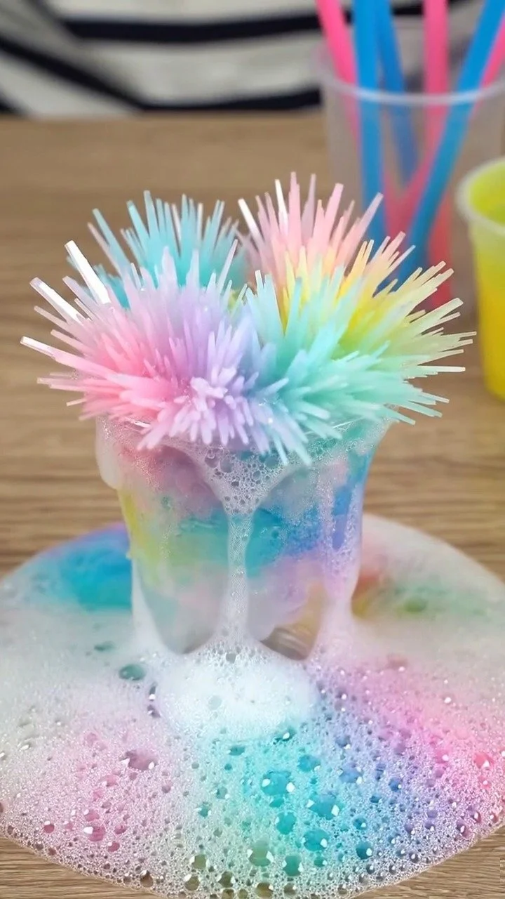 This baking soda foam eruption bubbles and expands while revealing hidden spiky balls inside ✨ A surprising science reaction kids love watching. Save this exciting experiment! #ScienceExperiment #Bak...