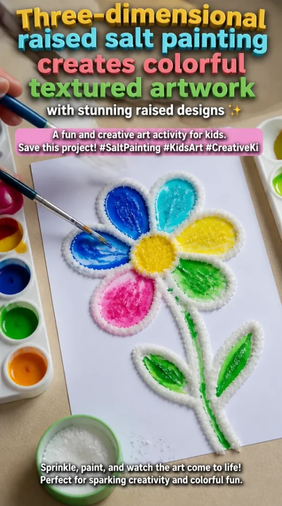 Colorful three-dimensional salt painting with vibrant raised designs by kids.
