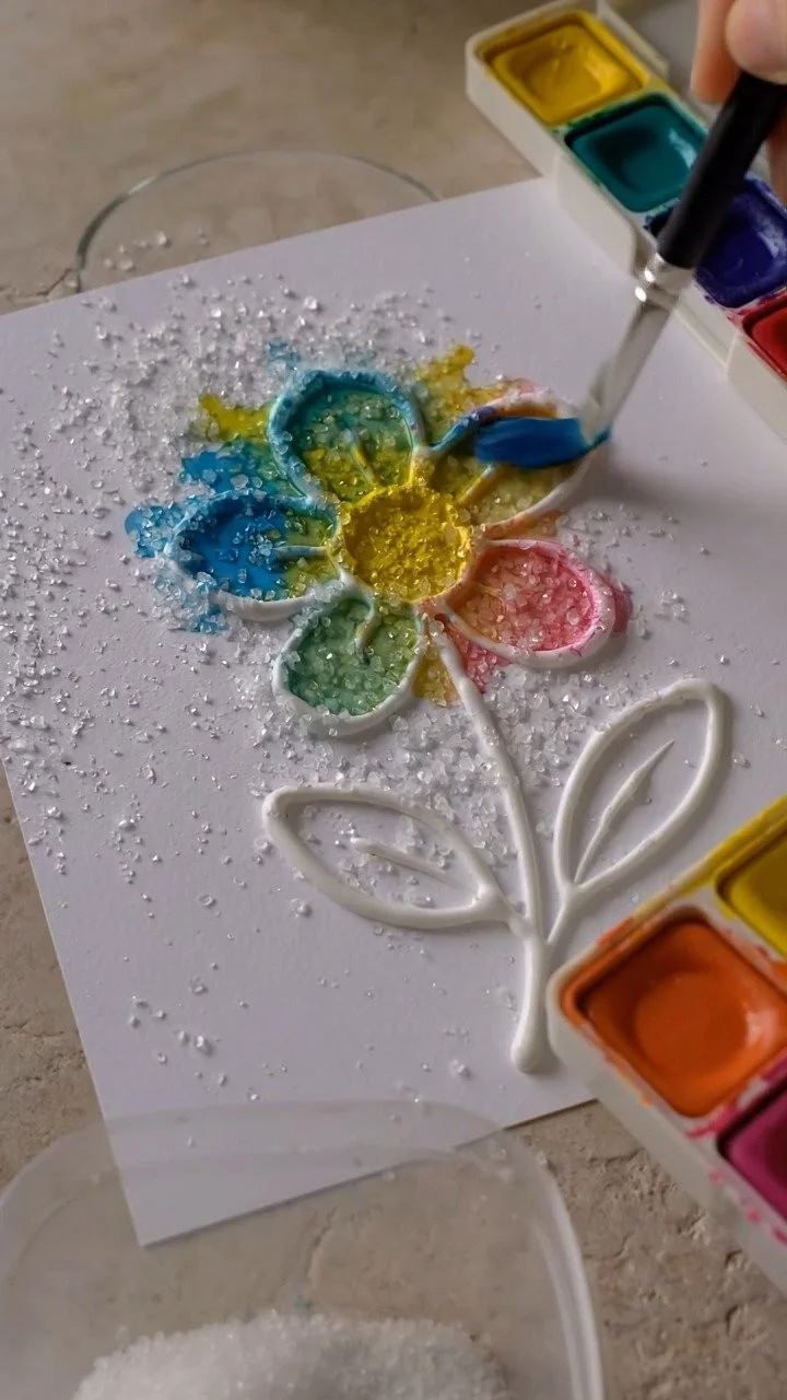 Three-dimensional raised salt painting creates colorful textured artwork with stunning raised designs ✨ A fun and creative art activity for kids. Save this project! #SaltPainting #KidsArt #CreativeKi