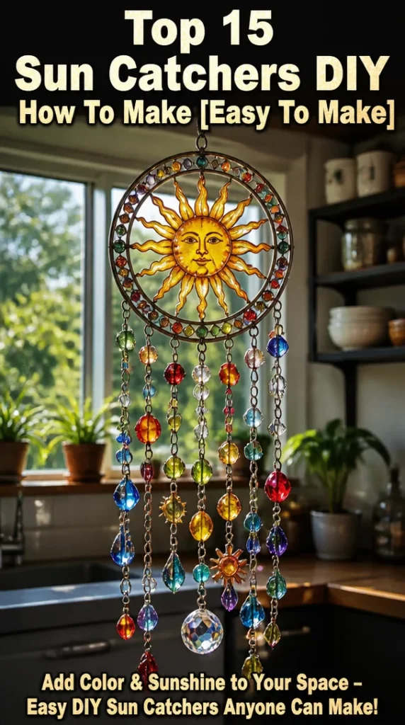 Colorful DIY sun catchers made from various materials hanging in a window