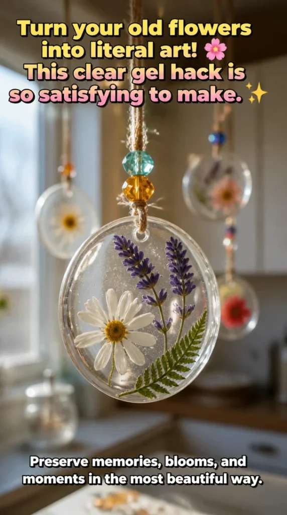 DIY flower art using clear gel to preserve and display old flowers creatively.
