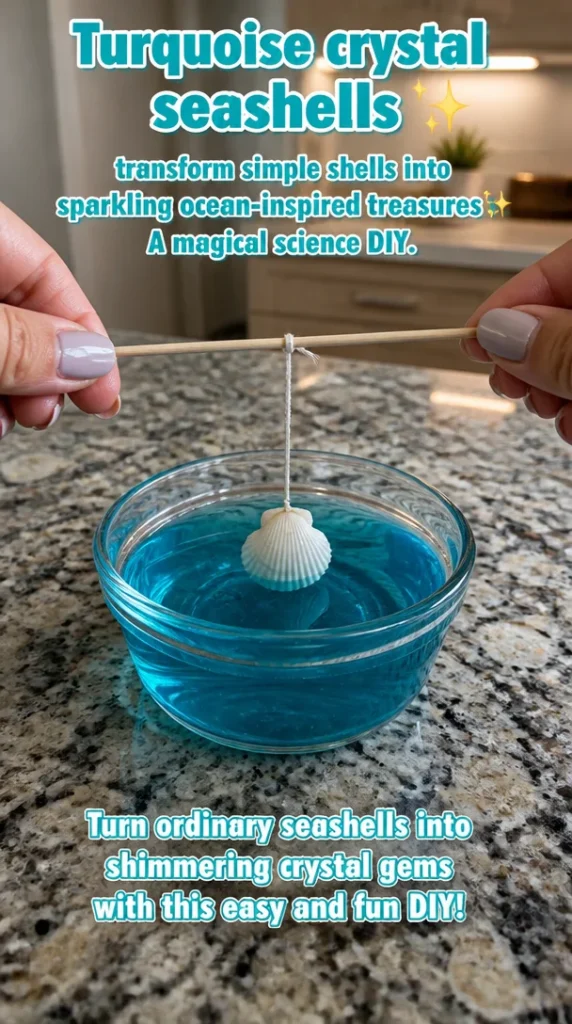 Turquoise crystal seashells shining like ocean treasures in DIY project
