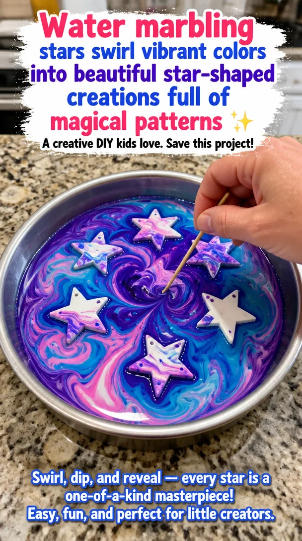 Water marbling stars swirl vibrant colors into beautiful star-shaped creations full of magical patterns ✨ A creative DIY kids love. Save this project!