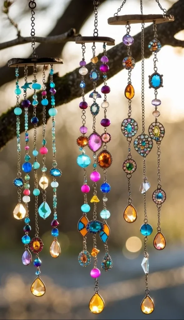 Colorful wind chimes made from repurposed damaged jewelry
