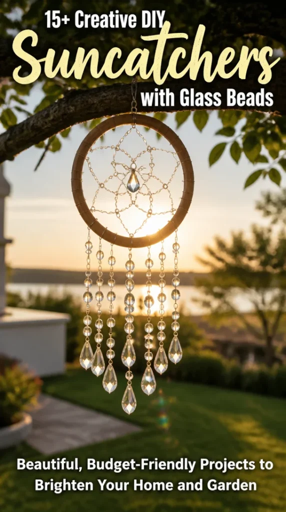 Colorful DIY suncatchers made with glass beads hanging in window