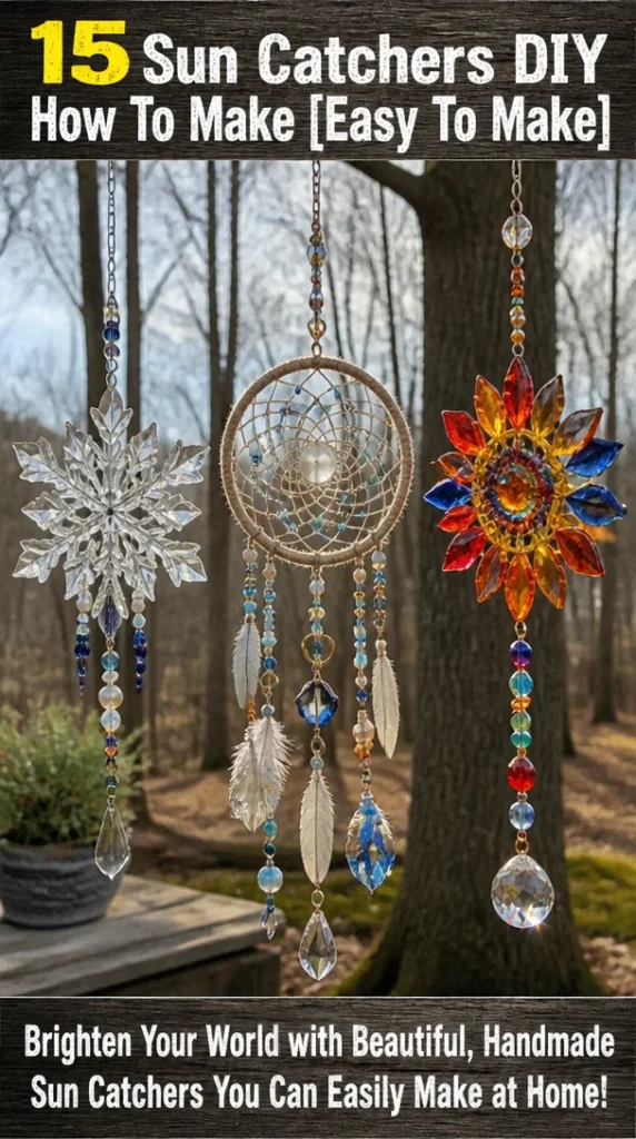 Colorful DIY sun catchers hanging in sunlight, showcasing stunning designs and materials.