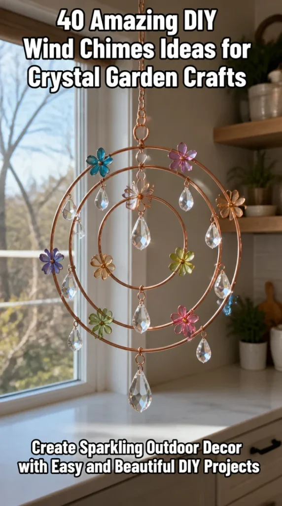 Colorful DIY wind chimes hanging in a vibrant garden setting.