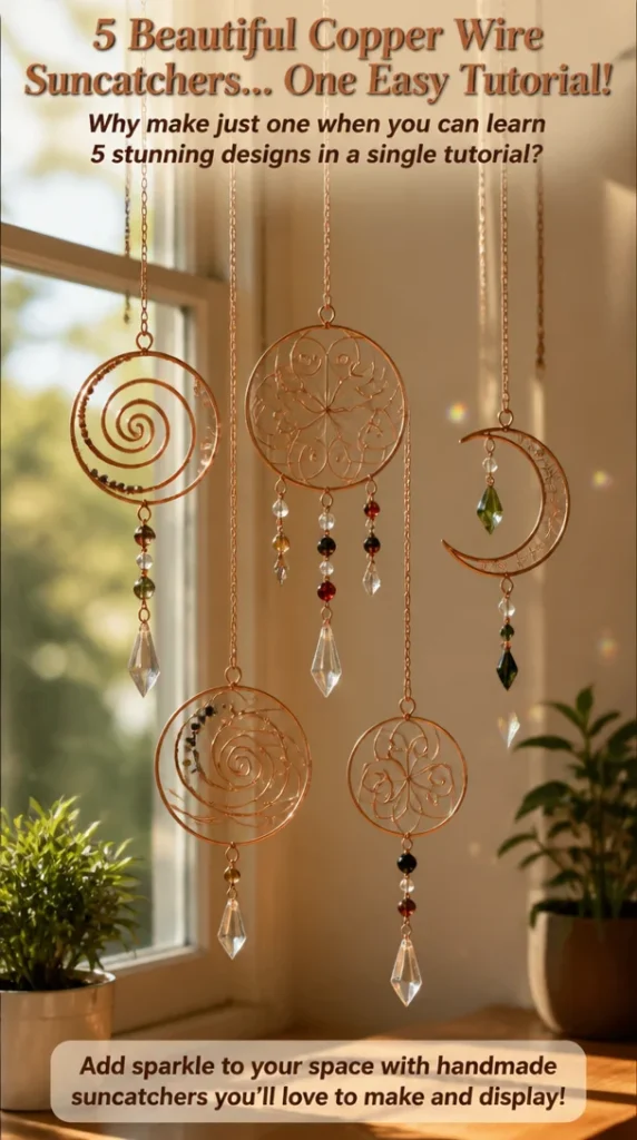 Five stunning copper wire suncatchers tutorial showcasing beautiful designs.