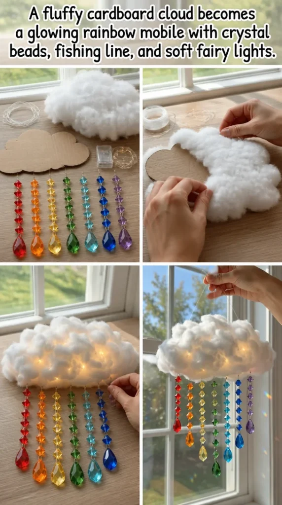 Glowing rainbow mobile made from cardboard cloud, crystal beads, and fairy lights