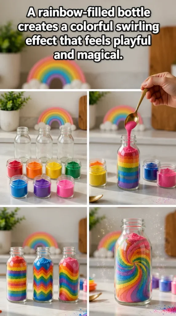 Rainbow-filled bottle showcasing a colorful swirling effect.