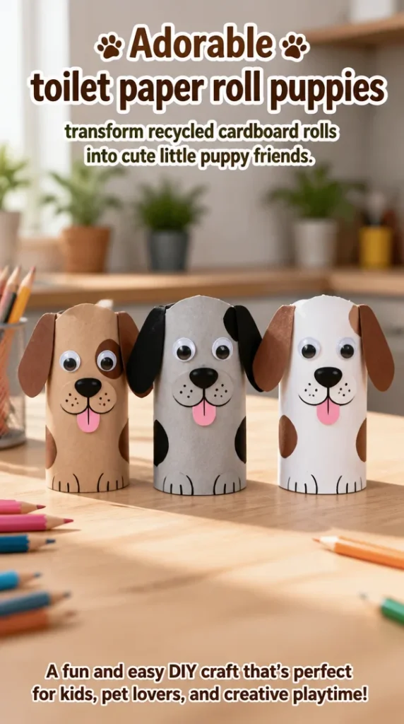 Cute puppies made from recycled toilet paper rolls craft project.