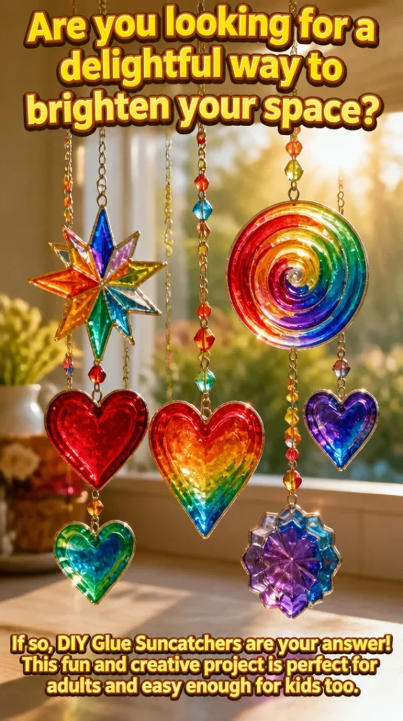 Colorful DIY Glue Suncatchers hanging in a sunny window, brightening the space.