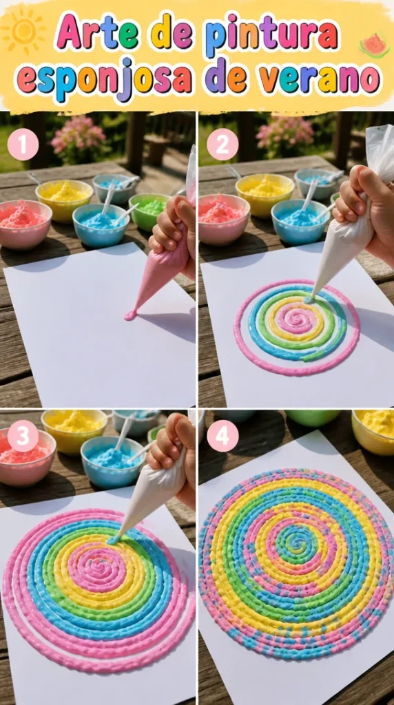 Obra de arte de pintura esponjosa representando un ambiente veraniego colorido.
