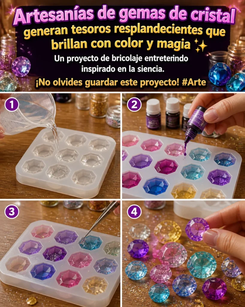 Artesanías de gemas de cristal brillantes y coloridas en un proyecto de bricolaje