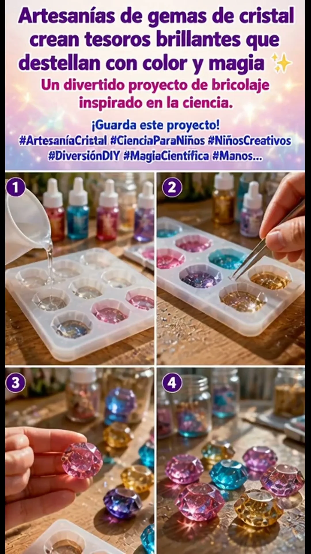Artesanías de gemas de cristal generan tesoros resplandecientes que brillan con color y magia ✨ Un proyecto de bricolaje entretenido inspirado en la ciencia. ¡No olvides guardar este proyecto! #Arte