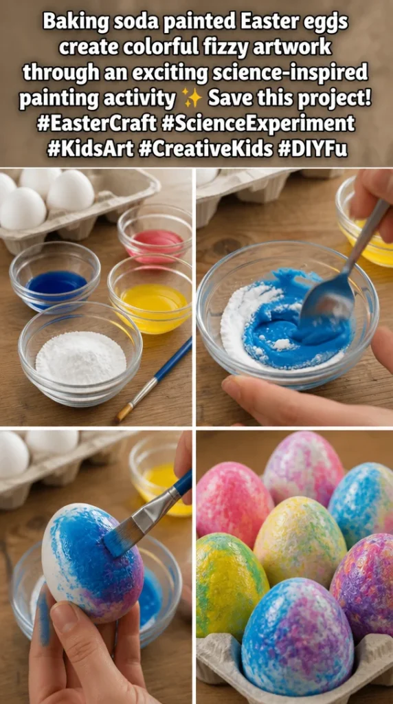 Colorful baking soda painted Easter eggs fizzing during a fun art activity.