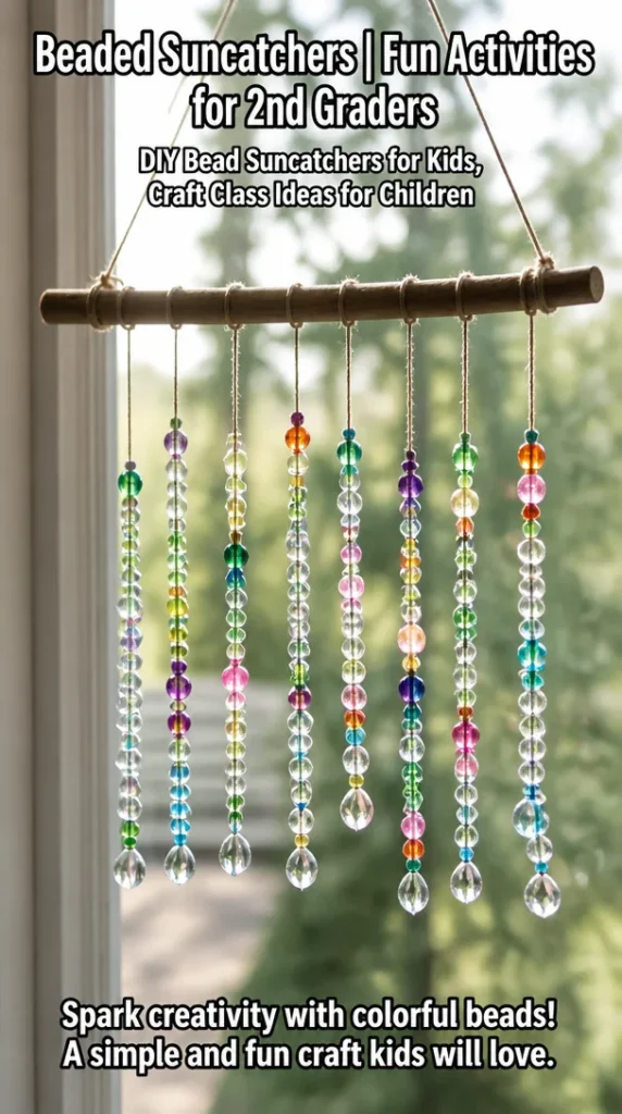 Colorful beaded suncatchers made by children in a craft class.