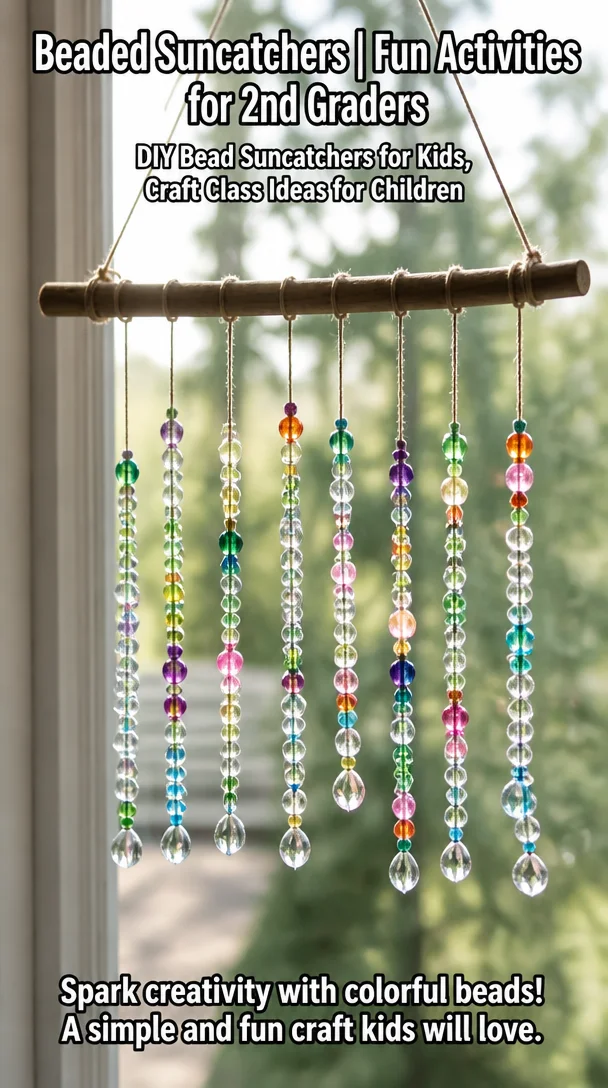 Colorful beaded suncatchers made by children in a craft class.