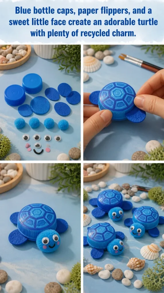 Crafted adorable turtle made from blue bottle caps and paper flippers