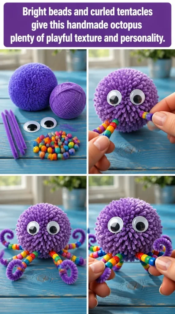 Colorful handmade octopus with bright beads and curled tentacles, showcasing playful texture.