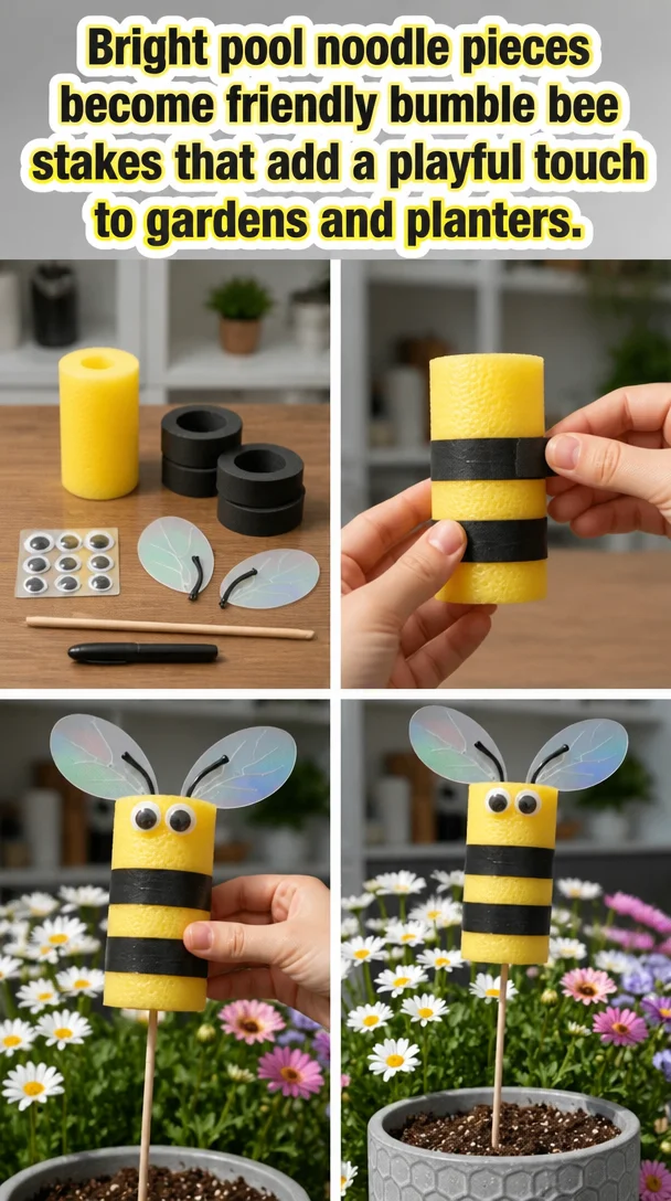Playful bumble bee stakes made from colorful pool noodle pieces for garden decor.