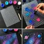 Bubble wrap stamps create colorful galaxy patterns with stars, planets,&hellip;